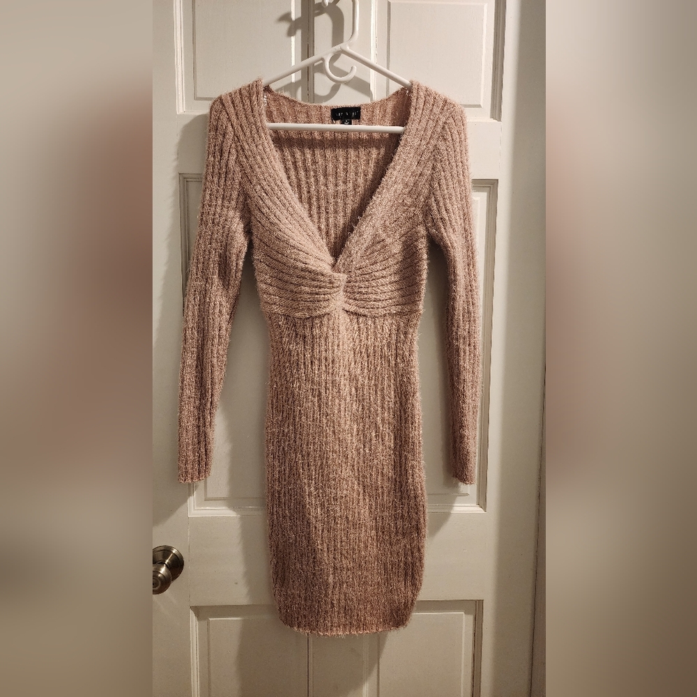 Say What? Twist-Front Ribbed Long Sleeve Dress - Taupe